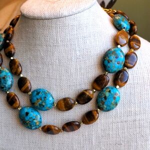 Long Turquoise+ Tiger Eye handcrafted necklace. New. 33" Gold,   Genuine  Gems
